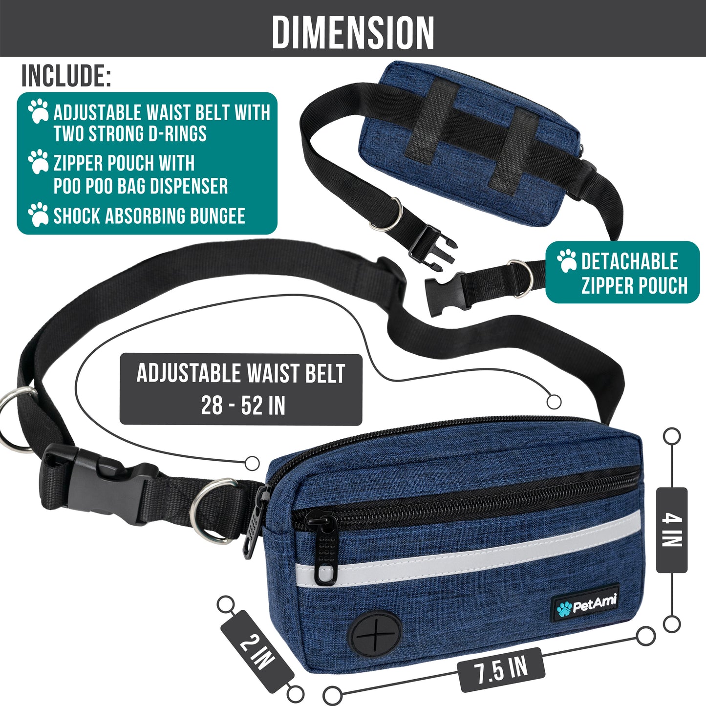 Dog Leash Belt Hands Free Running Jogging Walking Waist Pouch with Bungee Leash