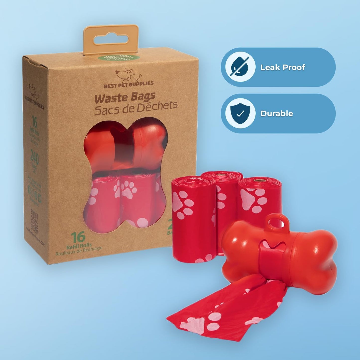 Dog Poop Bags (240 Bags) for Waste Refuse Cleanup, Doggy Roll Replacements for Outdoor Puppy Walking and Travel, Leak Proof and Tear Resistant, Thick Plastic - Red