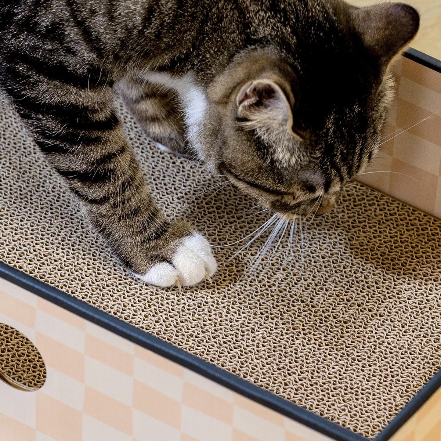 Cat Scratcher Box with Double-Sided Cardboard Scratching Board, Heavy-Duty Lounger, Interactive Hole Design Cat Bed for Indoor Cats,Kitty Toys, Checkered (Medium)