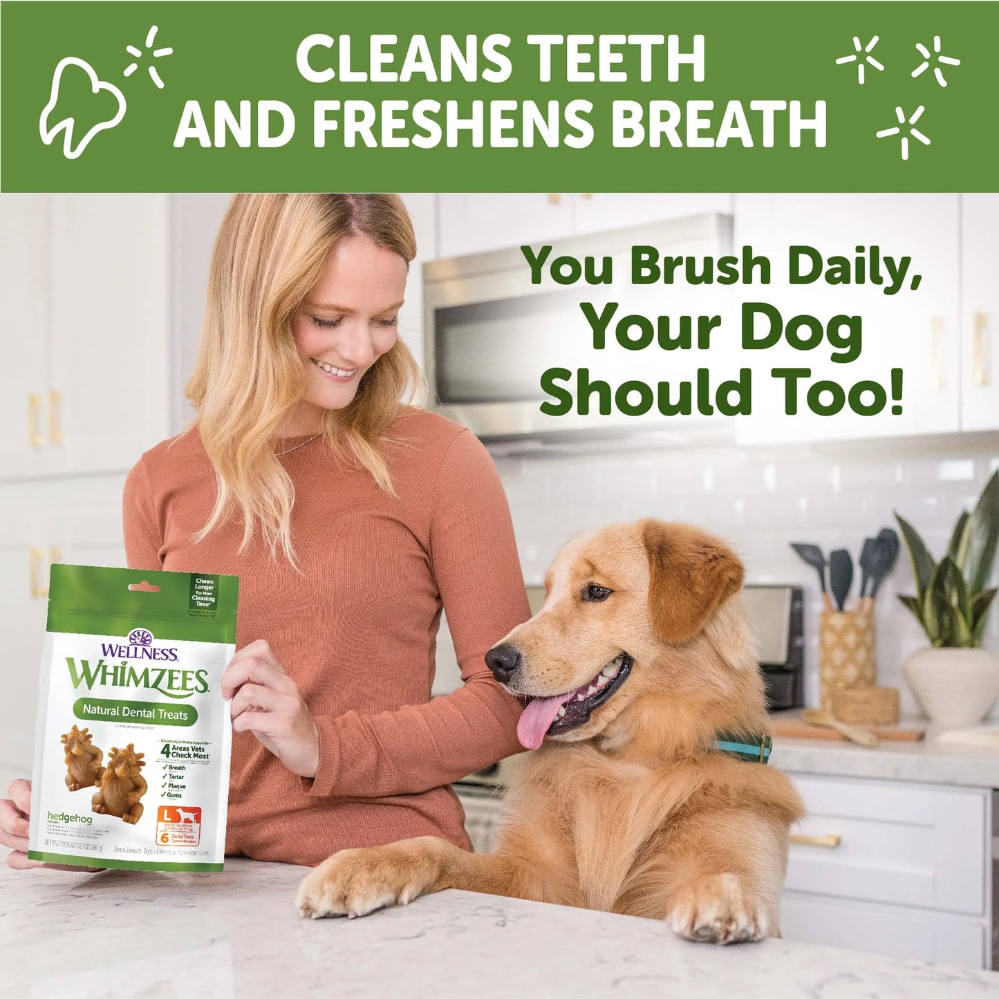 by Wellness Hedgehog Natural Grain Free Dental Chews for Dogs, Large Breed, 6 Count