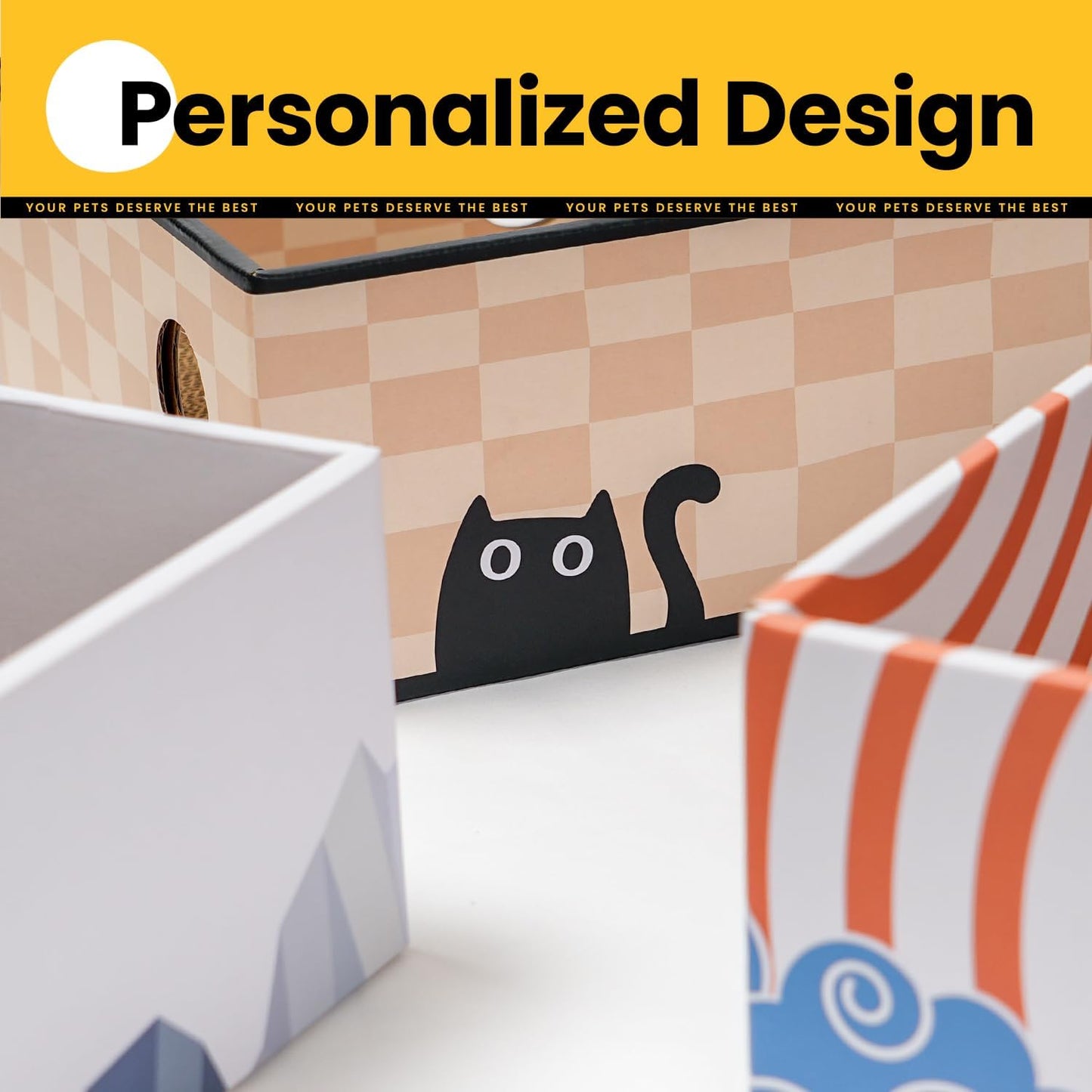 Cat Scratcher Box with Double-Sided Cardboard Scratching Board, Heavy-Duty Lounger, Interactive Hole Design Cat Bed for Indoor Cats,Kitty Toys, Checkered (Medium)