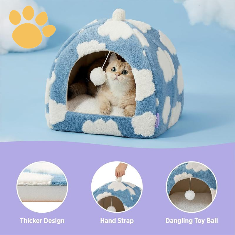 LESURE Cute Cat Beds for Indoor Cats - 2 in 1 Cat Cave Bed with Removable Washable Cushioned Pillow, Cozy Cat Tent House Design Pet Supplies Portable Blanket