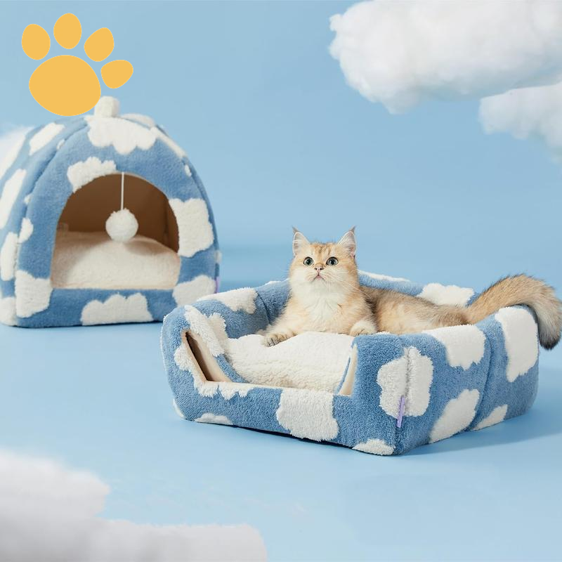 LESURE Cute Cat Beds for Indoor Cats - 2 in 1 Cat Cave Bed with Removable Washable Cushioned Pillow, Cozy Cat Tent House Design Pet Supplies Portable Blanket
