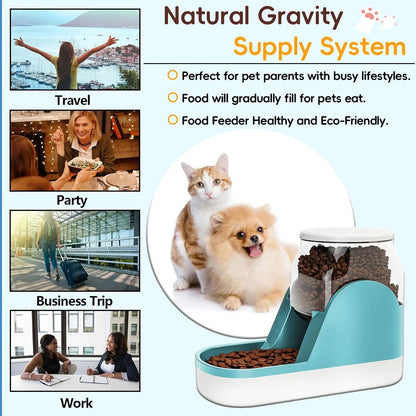 Automatic Dog Food Feeder Gravity Cat Food Dispenser Large Capacity Pet Self Feeding Station Bowl Dish for Small and Medium Dogs Cats，1 Gallon，Blue