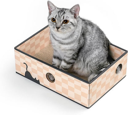 Cat Scratcher Box with Double-Sided Cardboard Scratching Board, Heavy-Duty Lounger, Interactive Hole Design Cat Bed for Indoor Cats,Kitty Toys, Checkered (Medium)