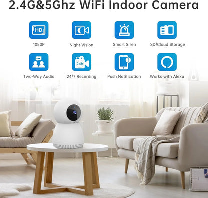 Indoor Security Camera 5G& 2.4Ghz Wifi, Pan/Tilt Baby Camera for Home Security, 1080P Pet Camera with Phone App Motion Detection, 2-Way Talk, Night Vision, Siren Alarm, Compatible with Alexa
