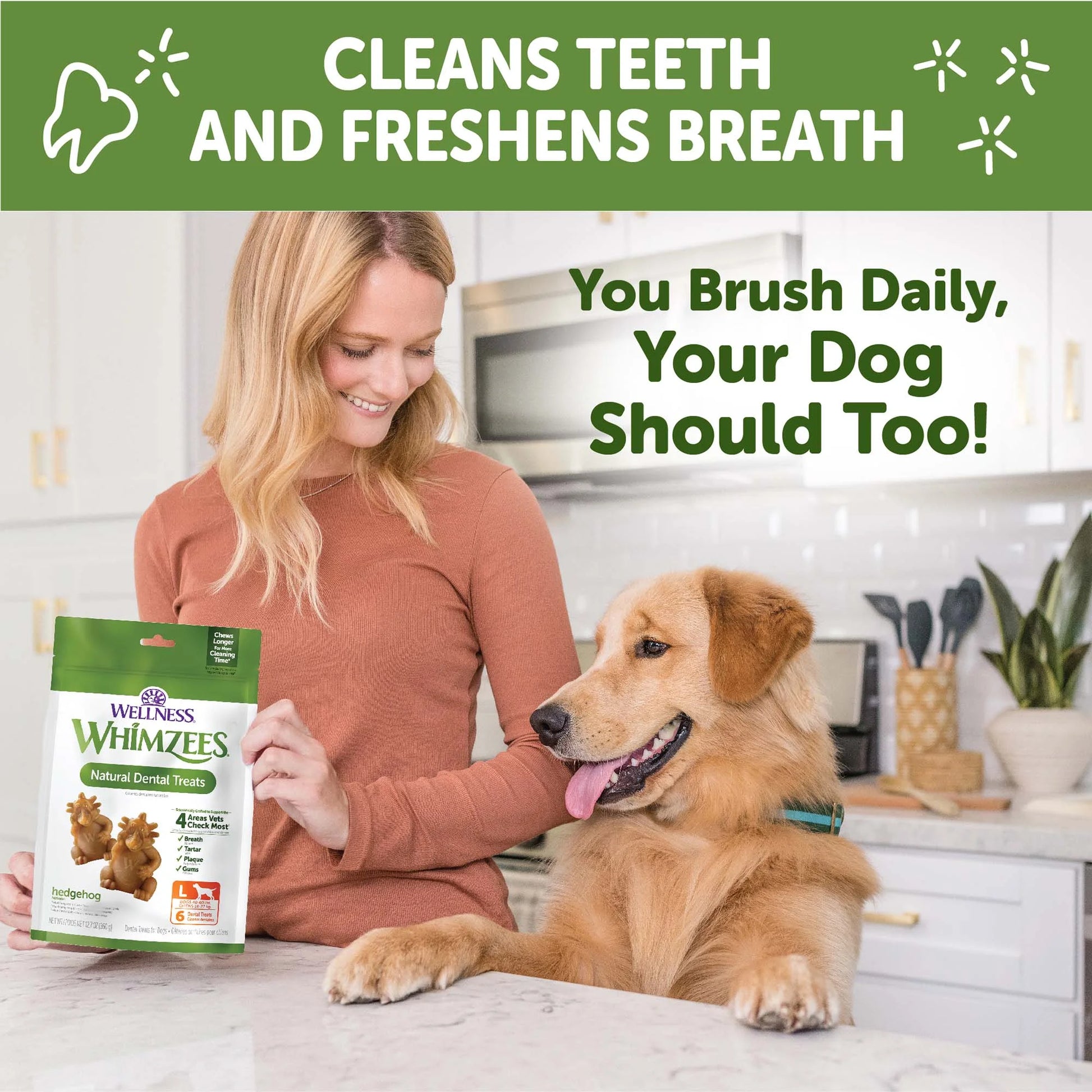 by Wellness Hedgehog Natural Grain Free Dental Chews for Dogs, Large Breed, 6 Count