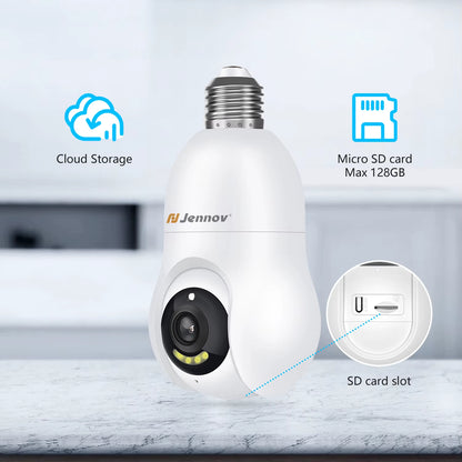 2K/3MP Light Bulb Security Camera, 2.4Ghz Wi-Fi Security Camera Wireless Outdoor, 360° Indoor Light Socket Camera